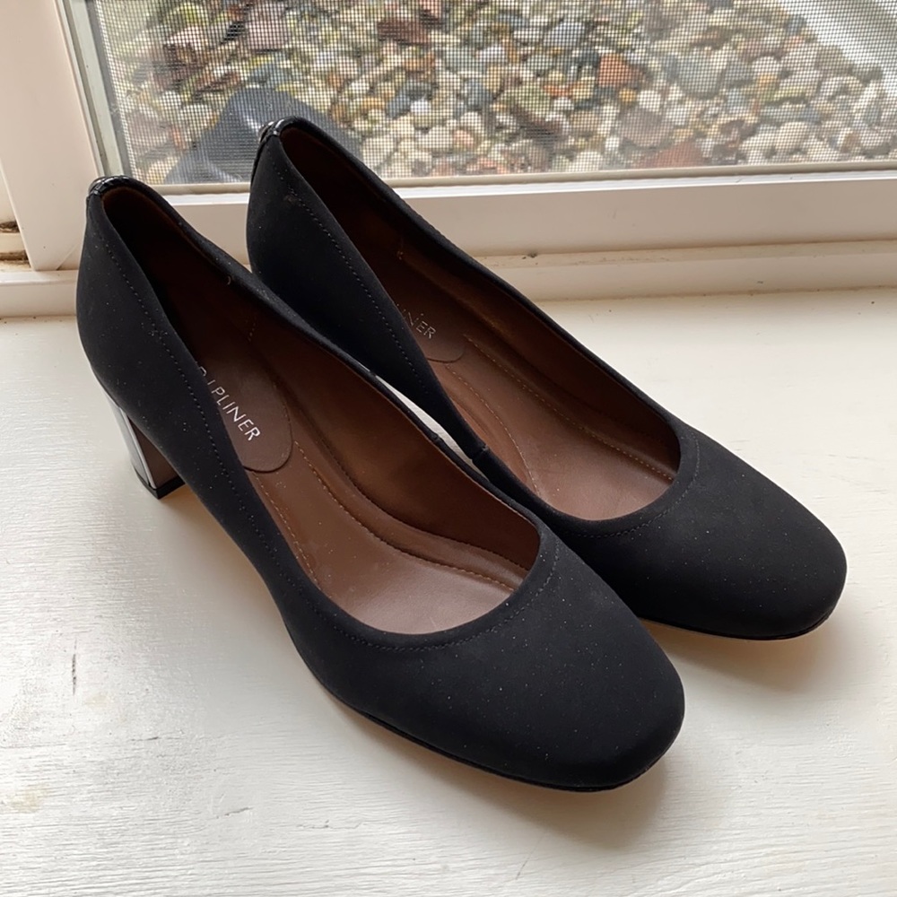 Donald Pliner black fabric pumps ,  2 inch heel, almond toe